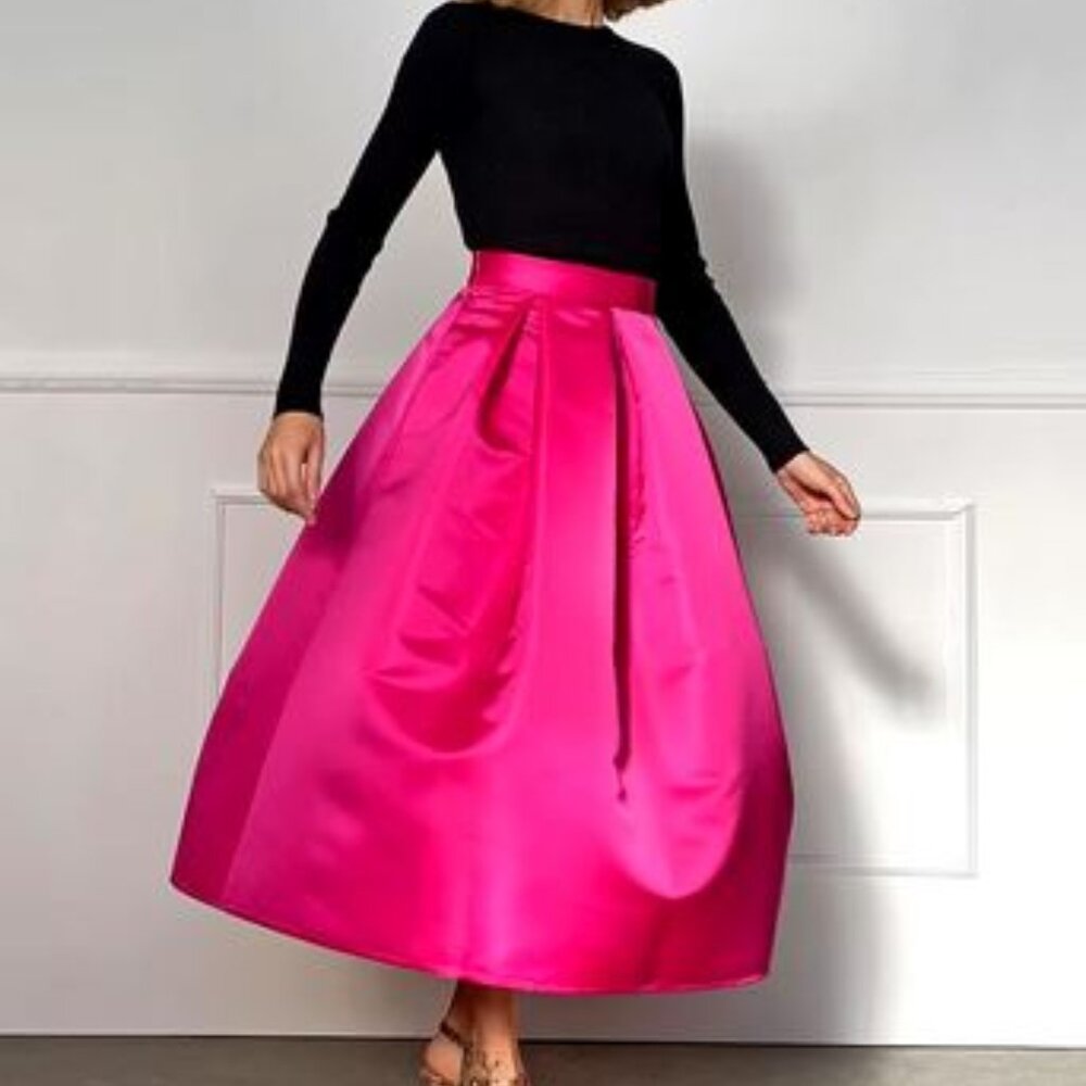 Pink Satin A line Midi Skirt